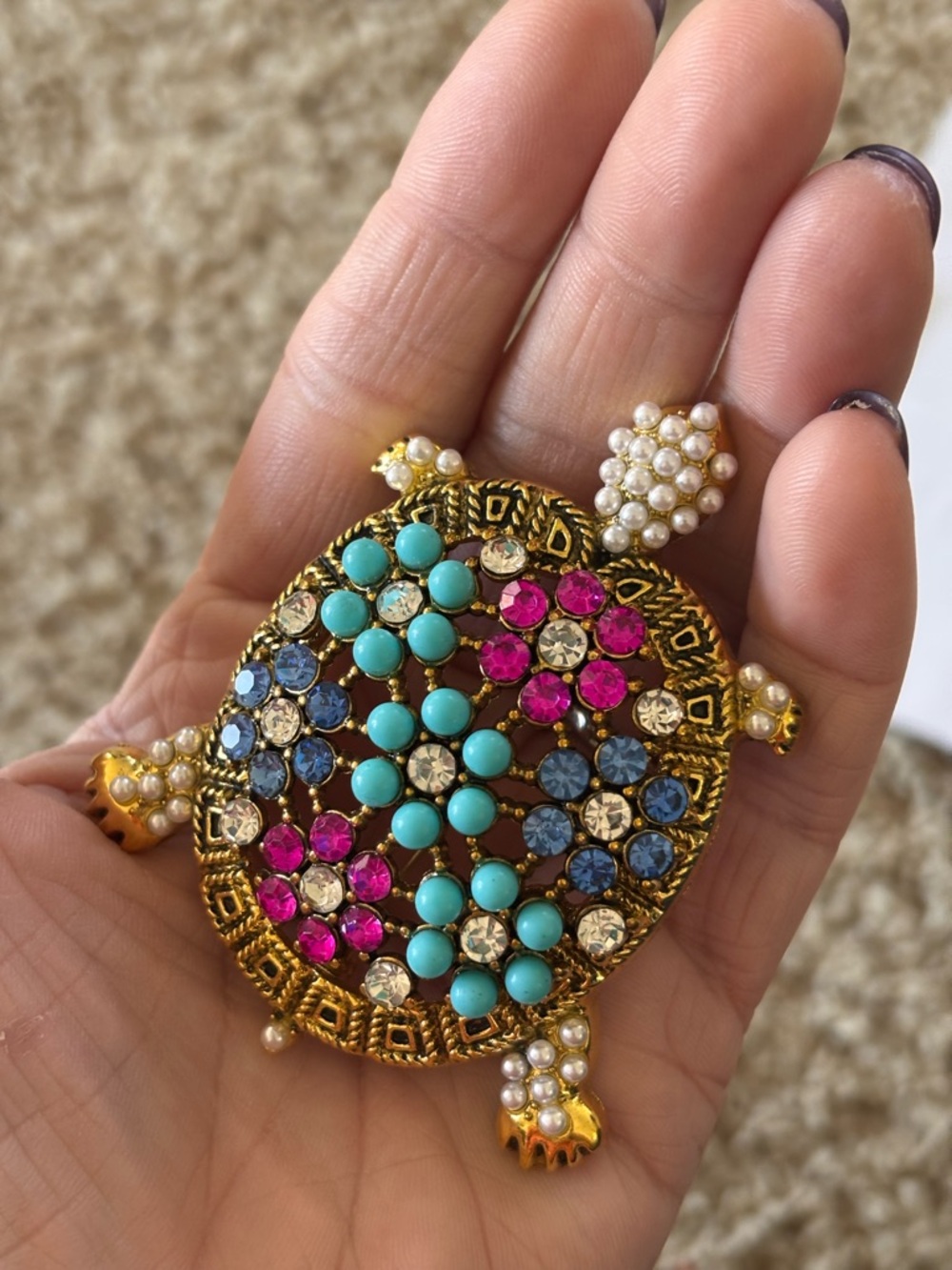 Gold-Tone Turtle Brooch with Pink, Blue and Turquoise Stones - Picture 2 of 3